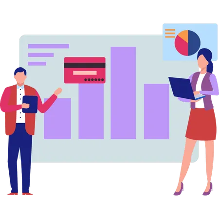 Presenters explaining debit card usage rates  Illustration