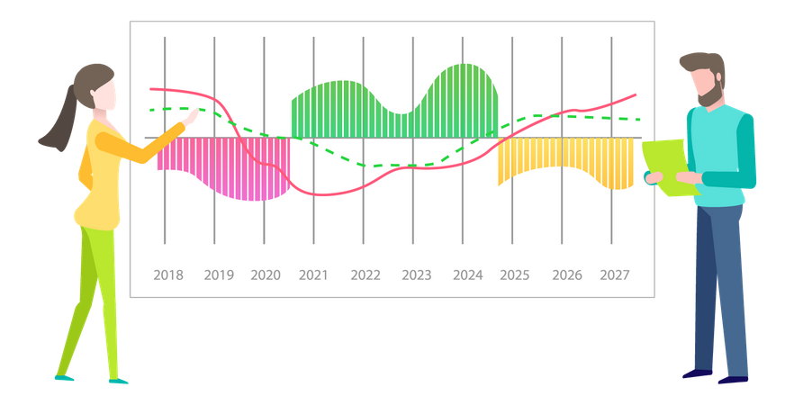 Presenters show statistical indicators and data on diagram  Illustration