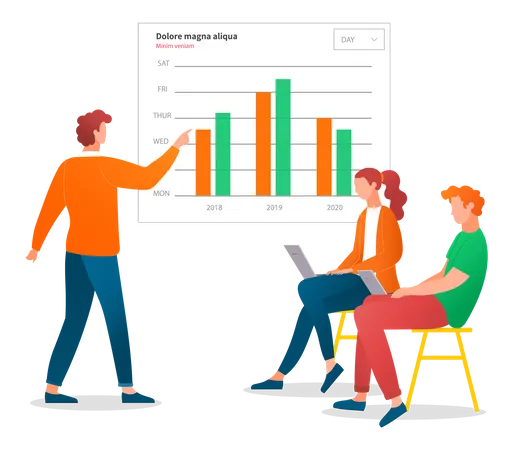 Presenters show statistical indicators and data on diagram  Illustration