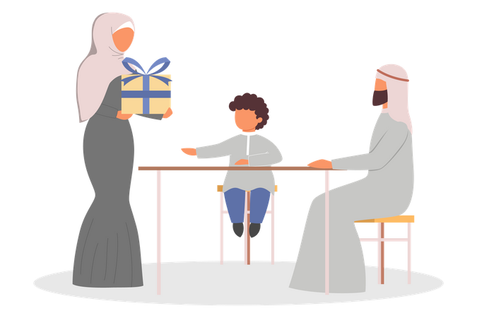 Família muçulmana compartilhando presentes  Ilustração