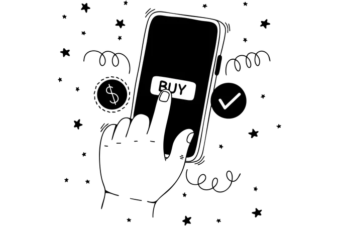 Pressing the buy button on a smartphone  Illustration