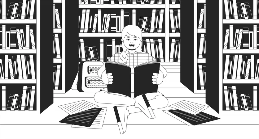 Preteen girl doing homework on library floor  Illustration