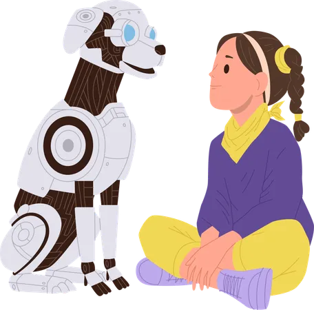 Preteen girl spending time with robotic dog domestic pet animal  Illustration