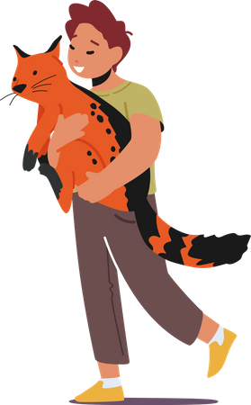 Preteen Kid Hug and Carry Cat  Illustration
