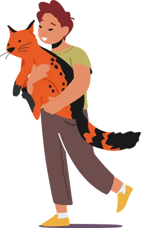 Preteen Kid Hug and Carry Cat  Illustration