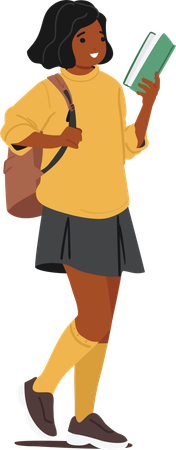 Preteen schoolgirl with backpack and open book going to study  Illustration