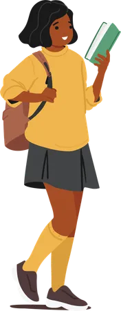 Preteen schoolgirl with backpack and open book going to study  Illustration