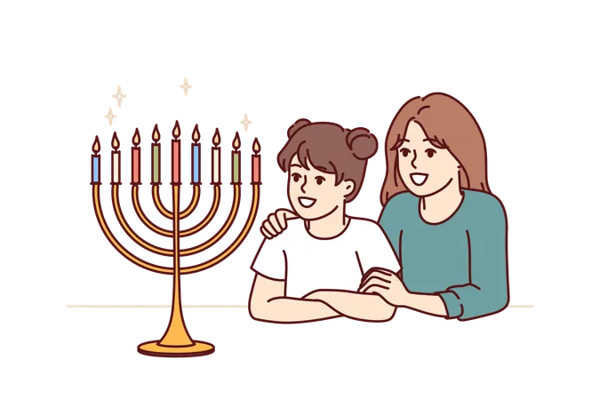 Preteen Girls Sisters Look At Menorah With Burning Candles And Rejoice At Approach Of Holiday Of Hanukkah Menorah On Table Near Two Happy Children Symbolizes Jewish Religion And Honoring Traditions Illustration