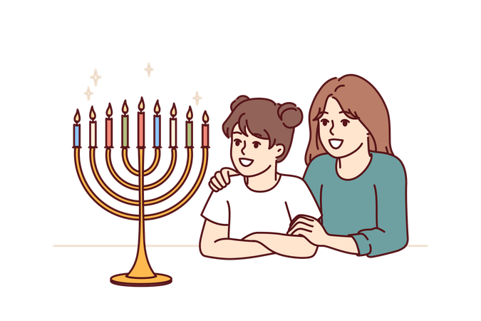 Preteen sisters look at menorah with burning candles  Illustration