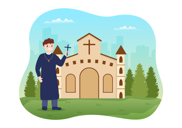 Prêtre debout devant l’église  Illustration