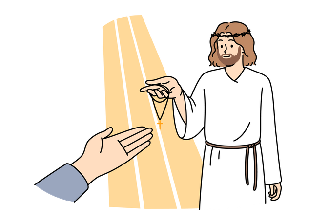 Un prêtre guide le visiteur pour qu'il marche sur la route du Christ  Illustration