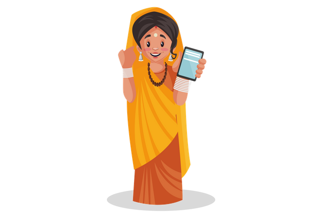 Prêtresse indienne montrant un téléphone portable  Illustration