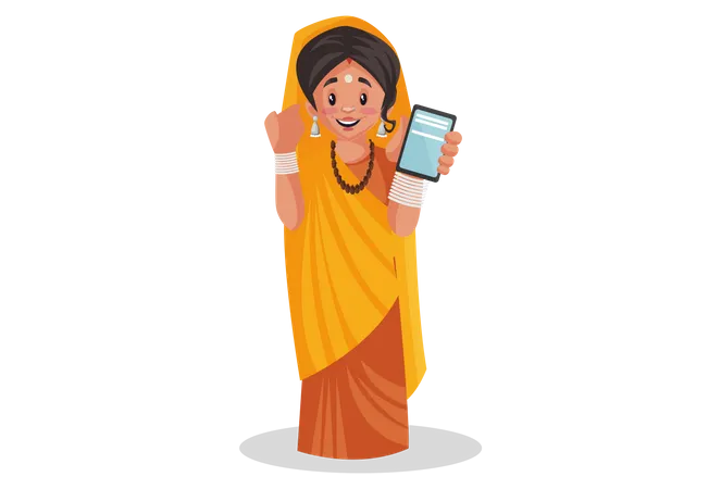 Prêtresse indienne montrant un téléphone portable  Illustration