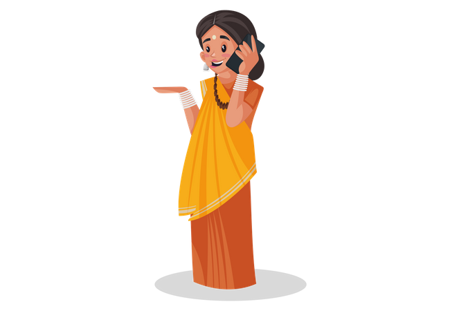 Prêtresse indienne parlant au téléphone portable  Illustration