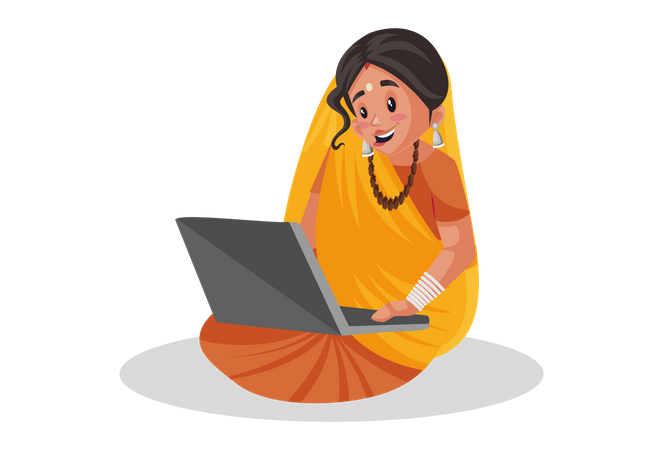 Prêtresse indienne travaillant sur un ordinateur portable  Illustration