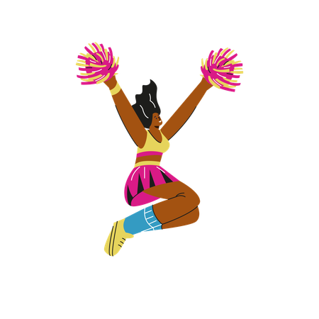 Pretty cheerleader raised hands up with pompoms and jumping  Illustration