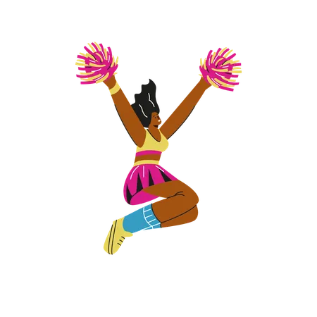 Pretty cheerleader raised hands up with pompoms and jumping  Illustration