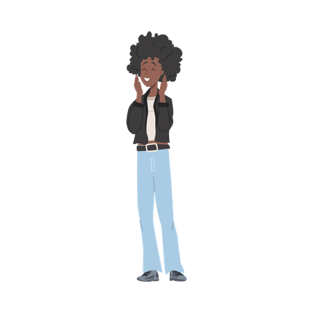 Pretty dark-skinned woman with curly hair in jacket and jeans closed her eyes in joy and raised her hands  Illustration