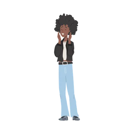 Pretty dark-skinned woman with curly hair in jacket and jeans closed her eyes in joy and raised her hands  Illustration
