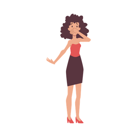 Pretty dark-skinned woman with curly hair in jacket and jeans closed her eyes in joy and raised her hands  Illustration