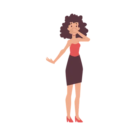 Pretty dark-skinned woman with curly hair in jacket and jeans closed her eyes in joy and raised her hands  Illustration