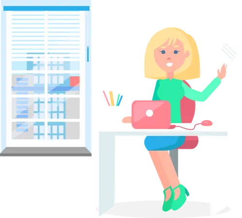 Cheerful Woman With Sheet Of Paper Colorful Poster Office Interior Blue Wall And Floor Pretty Girl Sitting By Table With Laptop And Holds A Doc Illustration