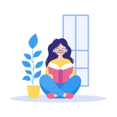 Pretty Girl Wearing Glasses Sitting Reading a Book in the Library  Illustration