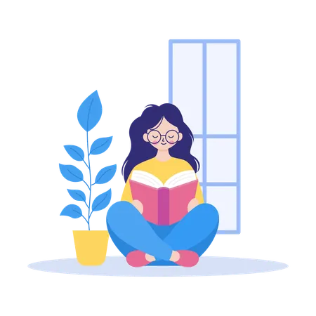 Pretty Girl Wearing Glasses Sitting Reading a Book in the Library  Illustration