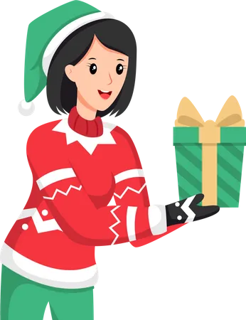 Pretty girl with Christmas gift  Illustration