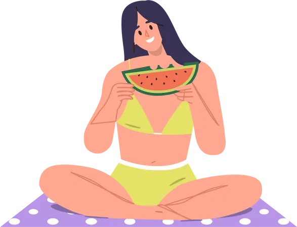 Happy Smiling Woman Cartoon Character Wearing Swimsuit Sunbathing On Summer Sun Eating Watermelon Holding Slice In Hands Sitting On Beach Blanket Vector Illustration Isolated On White Background Illustration