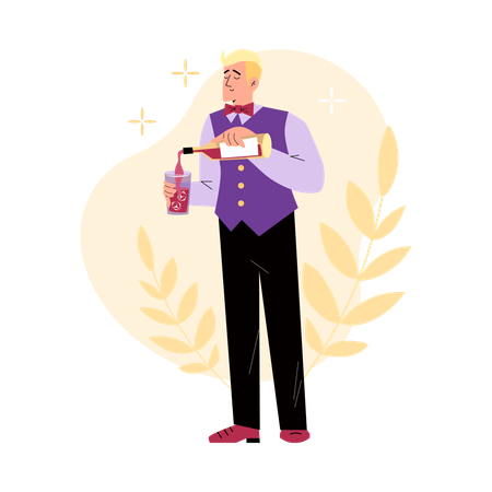 Pretty man bartender character in uniform pours alcohol from bottle into glass with ice  Illustration