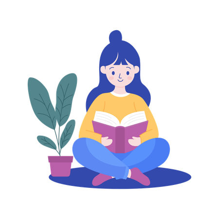 Pretty Nerd Girl Character Sitting Reading a Book in the Library  Illustration