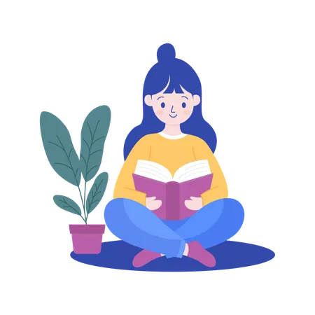 Pretty Nerd Girl Character Sitting Reading a Book in the Library  Illustration