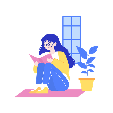 Pretty Nerd Girl Wearing Glasses Sitting Reading a Book in the Library  Illustration