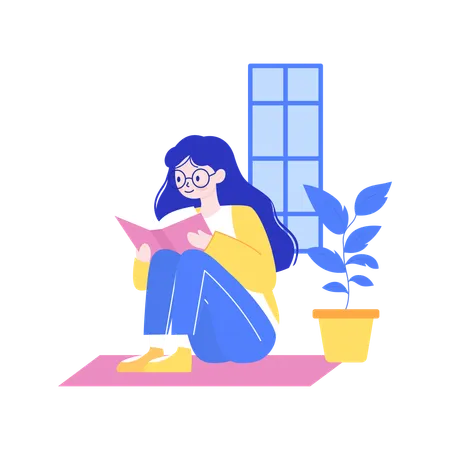 Pretty Nerd Girl Wearing Glasses Sitting Reading a Book in the Library  Illustration