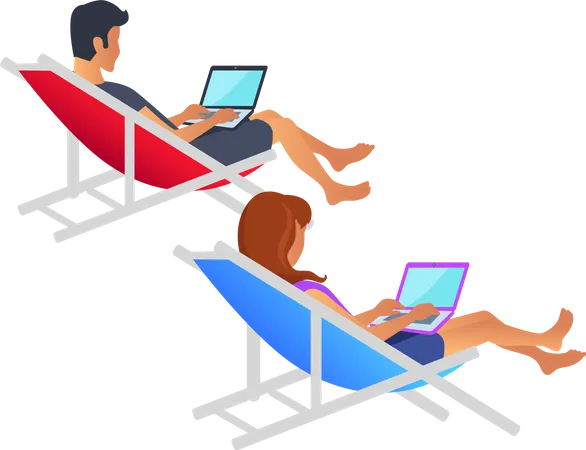 Pretty Pair On Rest With Computers Vector Illustration Isolated On White Backdrop Lying On Red And Blue Sun Lounges Man And Woman Working Process Illustration