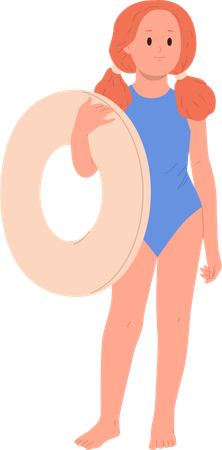 Pretty teenage girl child with rubber swimming circle having beach recreation  Illustration