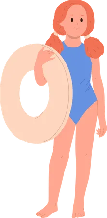 Pretty teenage girl child with rubber swimming circle having beach recreation  Illustration