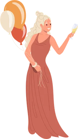 Pretty woman holding balloon and champagne glass for congratulation  イラスト