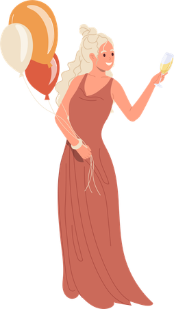 Pretty woman holding balloon and champagne glass for congratulation  Illustration