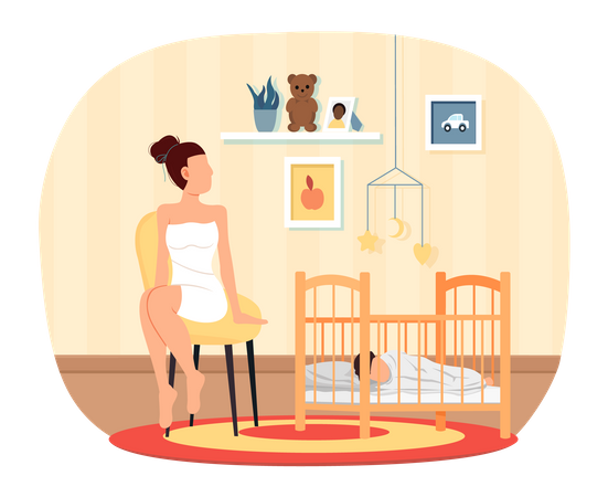 Pretty woman near her child sleeping in cradle  Illustration