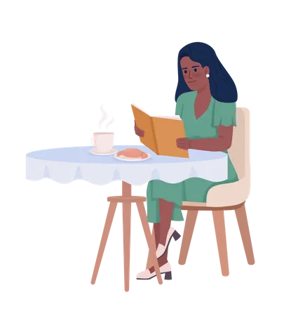 Pretty woman reading book and drinking coffee alone  Illustration