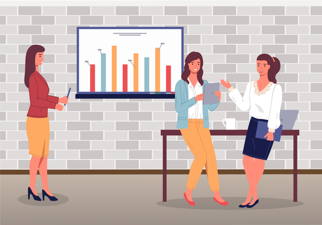 Pretty women discussing work moments lean at table  Illustration