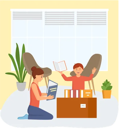 Pretty young mother reading book with her son at home  Illustration