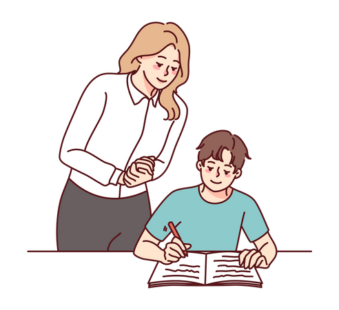 Pretty young mother reading book with son at home  Illustration