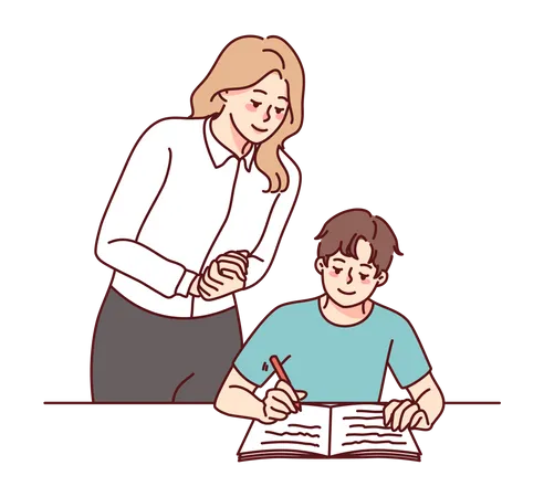 Pretty young mother reading book with son at home  Illustration