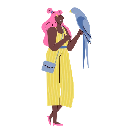 Pretty young woman in doodle style holding big parrot Illustration