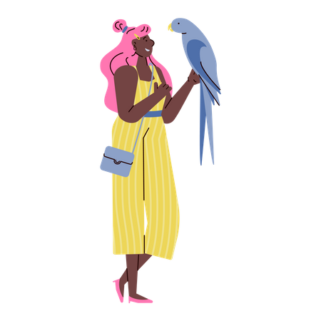 Pretty young woman in doodle style holding big parrot  Illustration