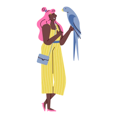 Pretty young woman in doodle style holding big parrot  Illustration