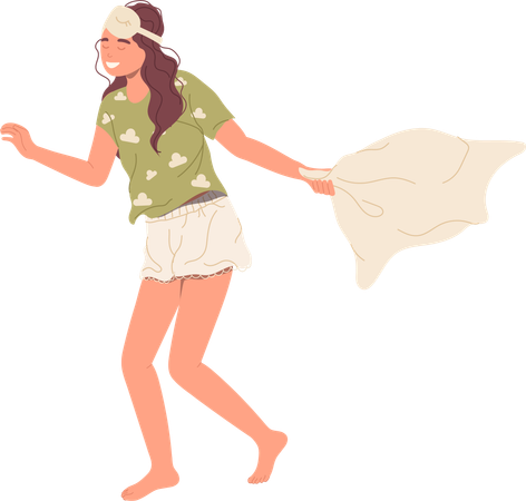 Pretty young woman running with pillow ready to fight and play with friends  Illustration